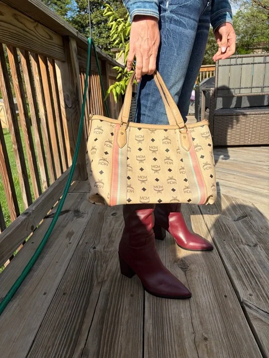 MCM Beige/Pale Pink Monogram Canvas Tote with Striped Trim - Picture 4 of 12